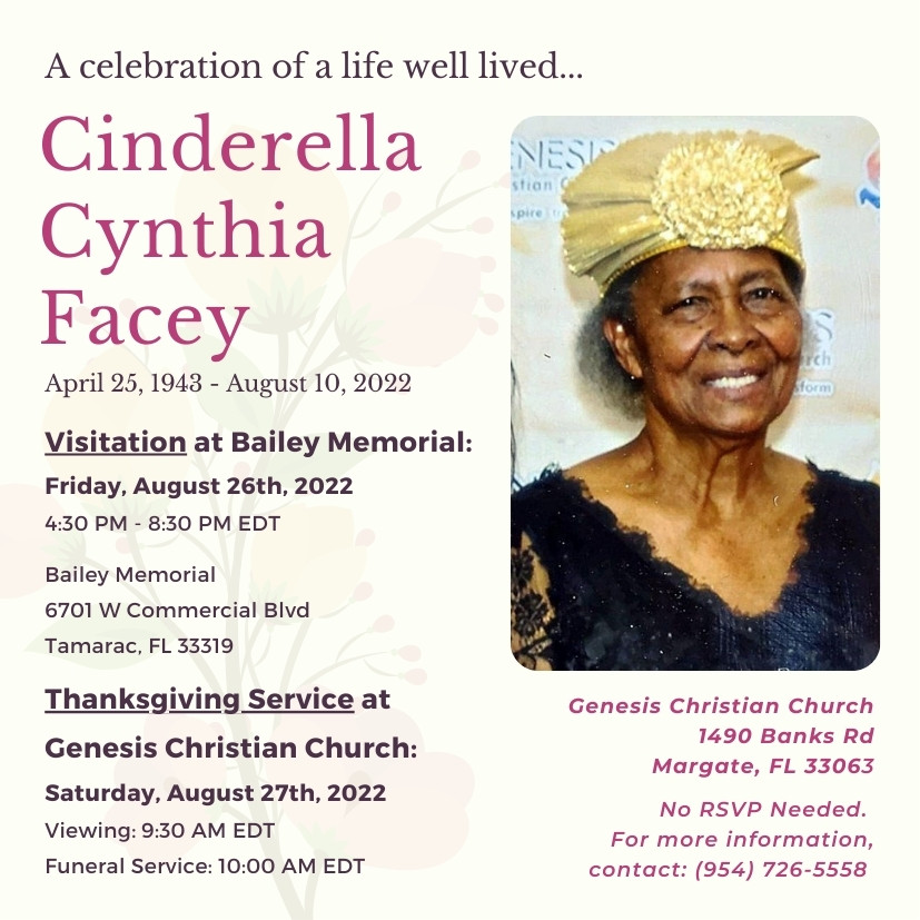 Invitation Image of First Lady Cinderella Cynthia Facey (Mother of Pastor Owen Facey of Genesis Christian Church in Margate, FL)
