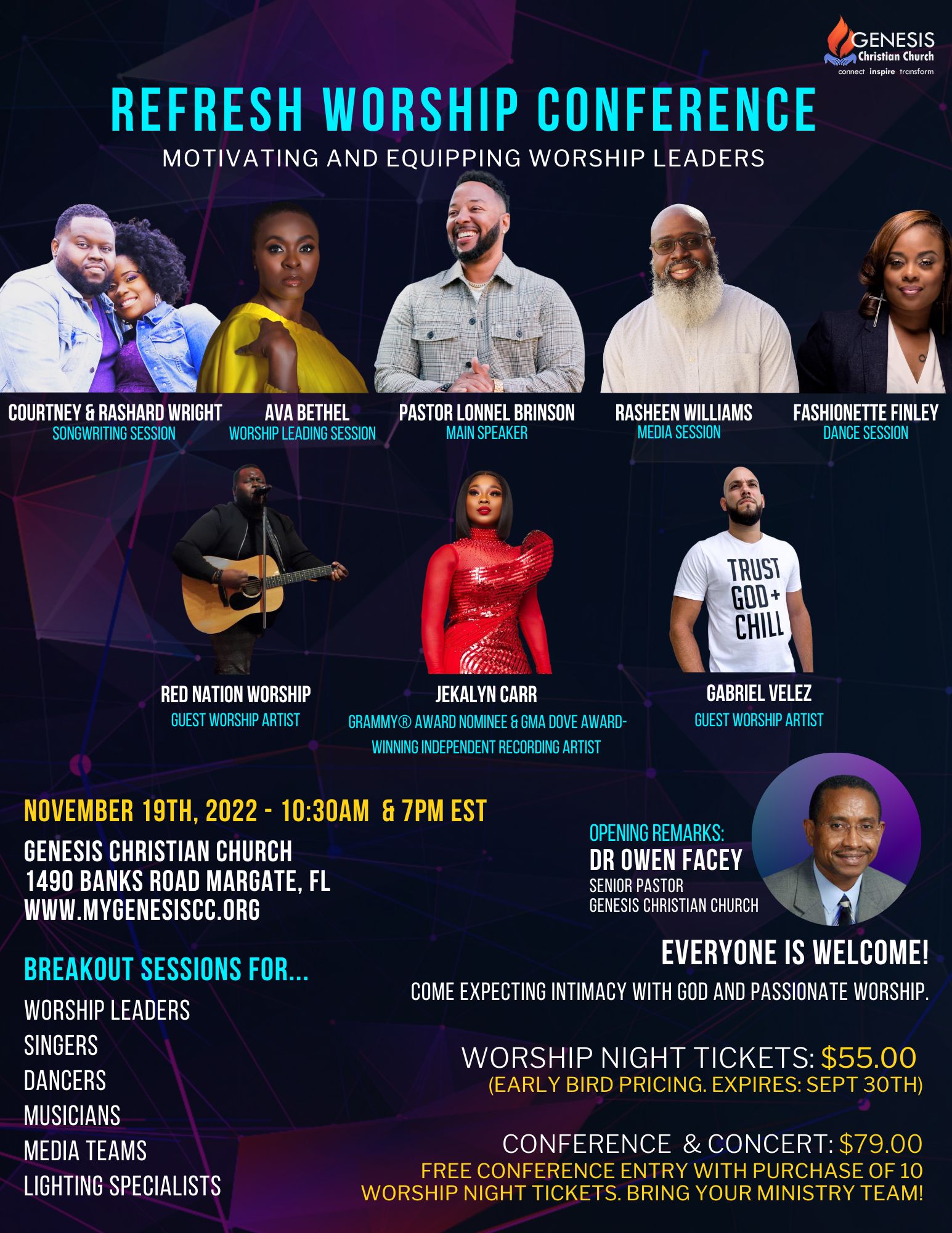 Promotional Flyer for the Refresh Worship Conference (featuring Jekalyn Carr) on November 19th, 2022 at Genesis Christian Church in Margate, Florida.